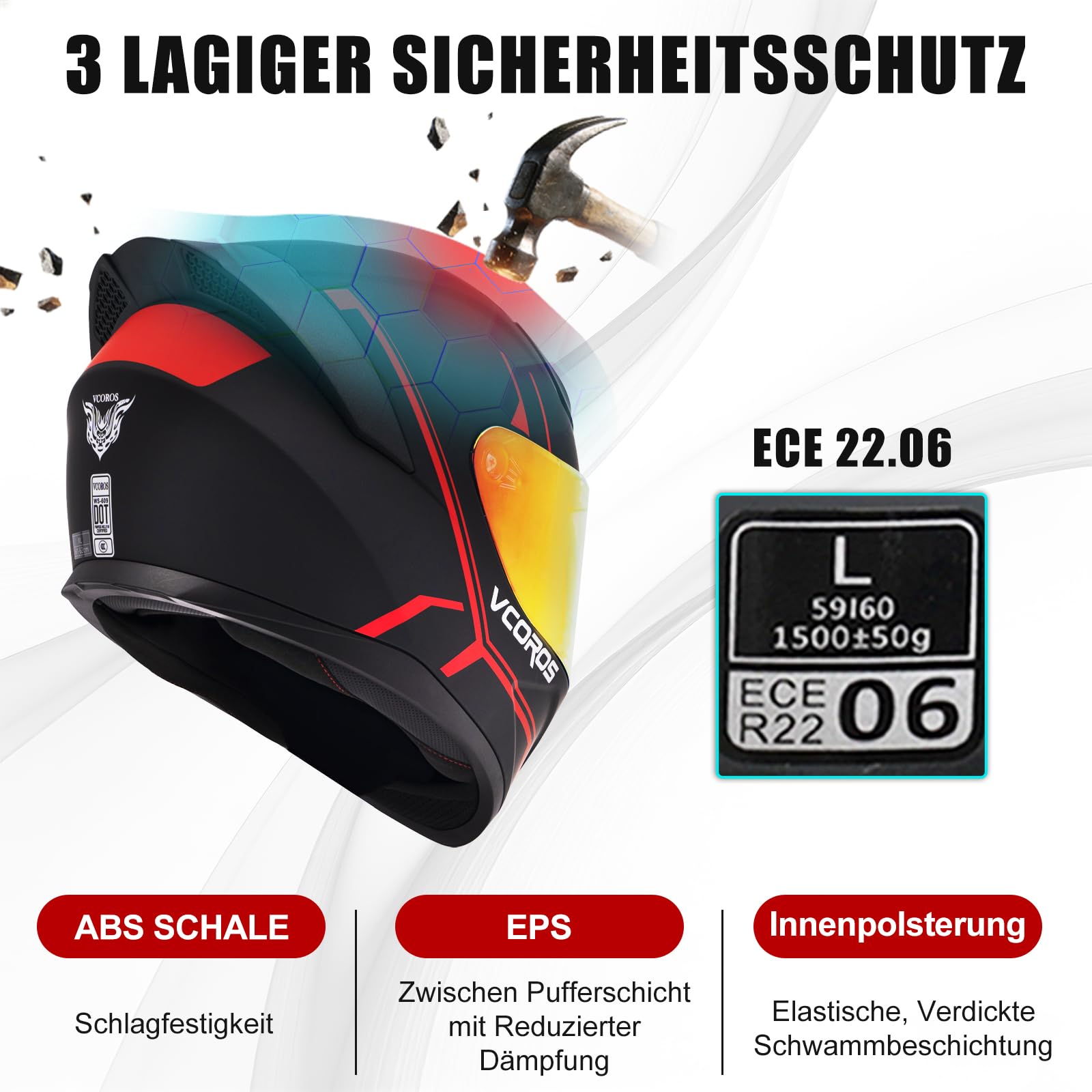 VCOROS Casco integral para adultos unisex WS-609 casco de moto con visera parasol transpirable ECE 22.06 certificado ECE 22.06 casco integral casco integral para moto scooter carreras