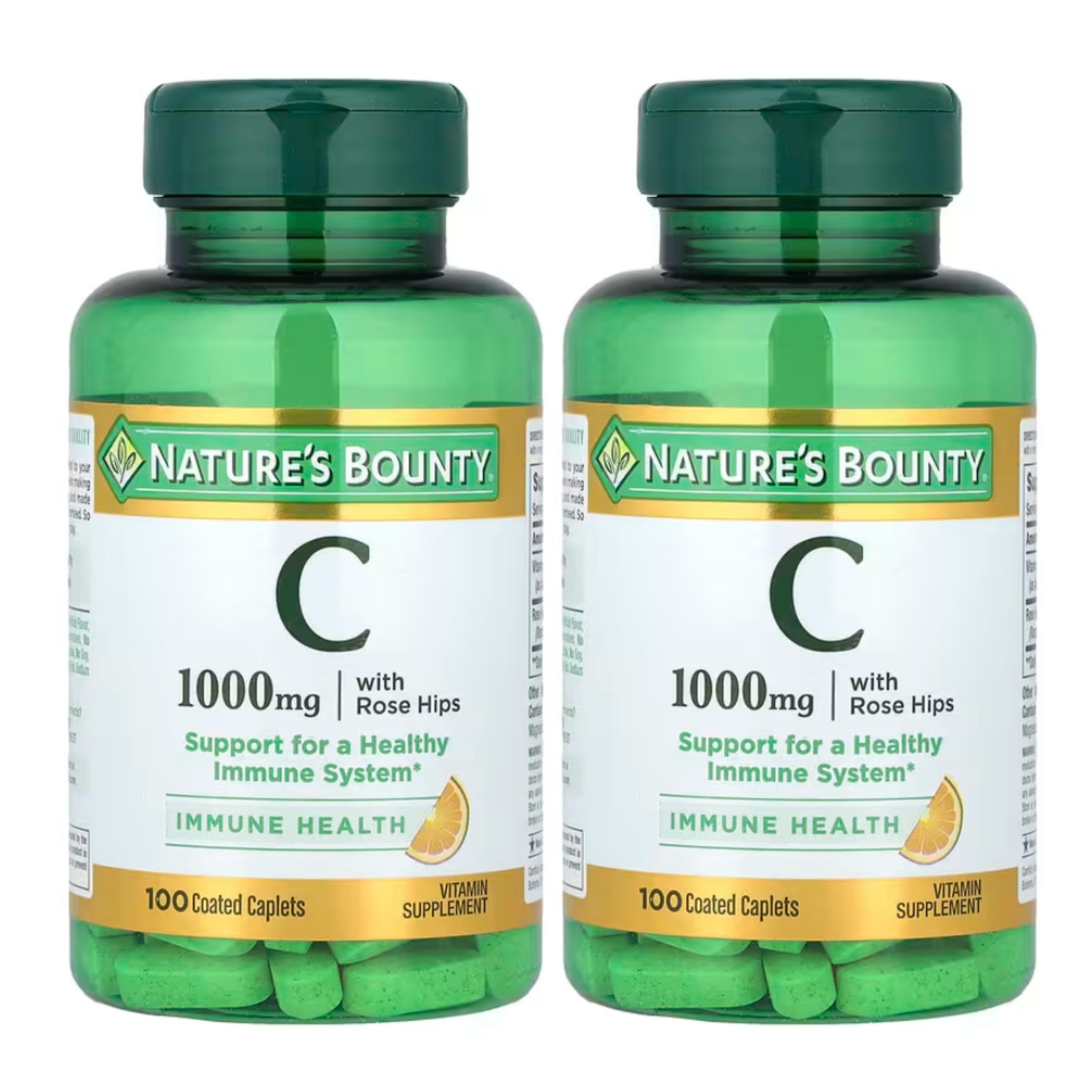 Nature's Bounty Vitamin C + Rose Hips, Immune Support, 1000mg, Coated Caplets, 100 Ct - Pack of 2