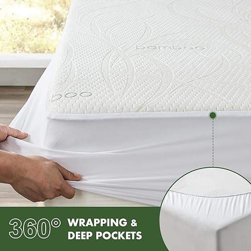 Miniatura 8 de Protector de colchón impermeable tamaño California King, protector de colchón transpirable de rayón de bambú con bolsillos elásticos profundos,