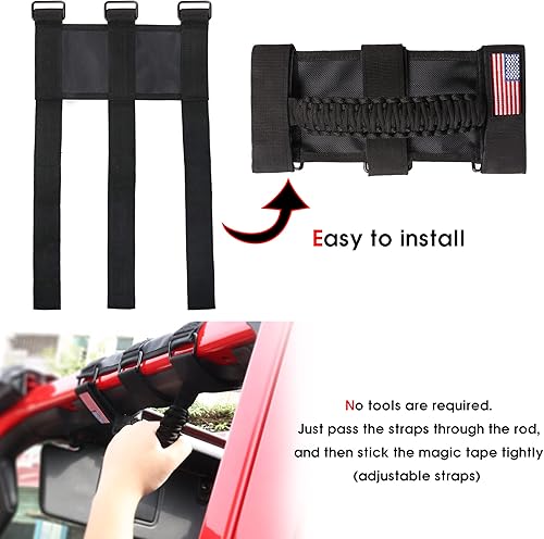 Miniatura 4 de Asas de agarre de cuerda de paracaídas para Jeep Wrangler JK TJ JL CJ YJ 1945-2024 JT UTV ATV - Hebilla de metal mejorada (negro)