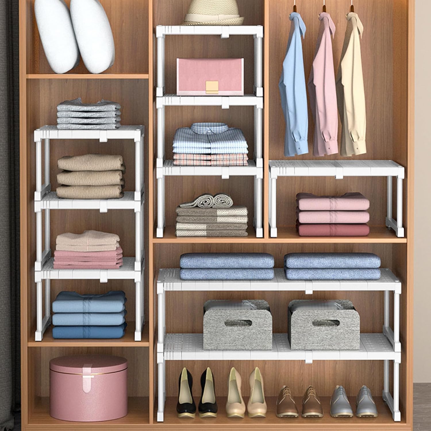 Expandable Closet Shelf Organizer, Adjustable Multifunctional Wardrobe Sink Tension Shelf Wardrobe Organiser Storage Cupboard Shelf for Home(87-108cm)