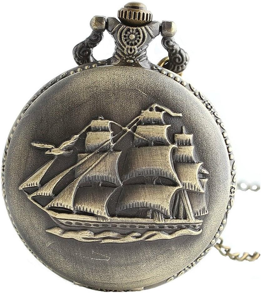 Retro Ancient Sailboat/Warships/Pirate Ship Pendant Quartz Pocket Watch Long Necklace with Gift Bag for Men/Women
