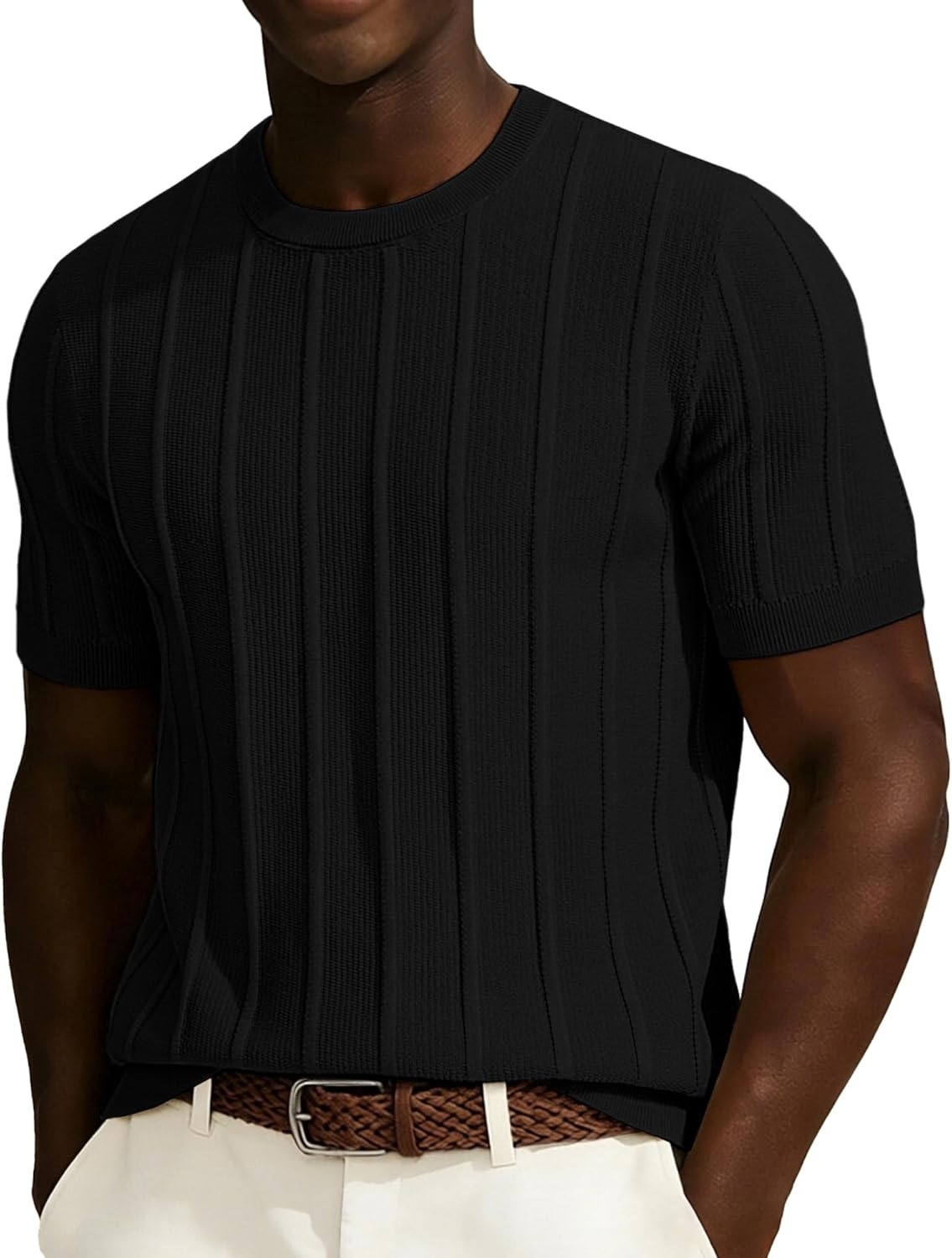 PJ PAUL JONES Men T-Shirts Crewneck Tee Shirt Ribbed Knit Tee Short Sleeve Texture T Shirt