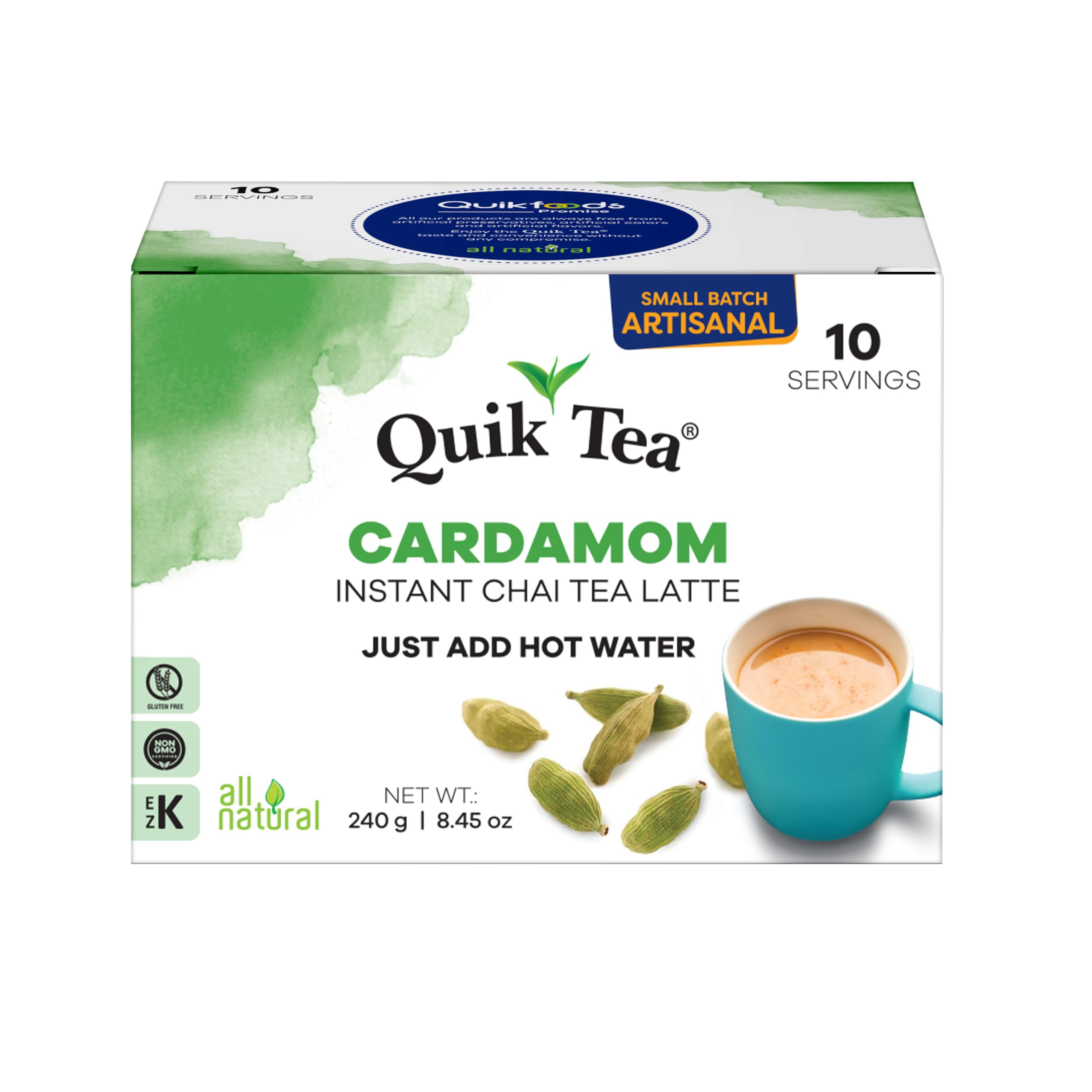 QuikTea Cardamom Instant Chai Tea Latte - 10 Count Single Box - Superfood Antioxidant, Digestion Tea