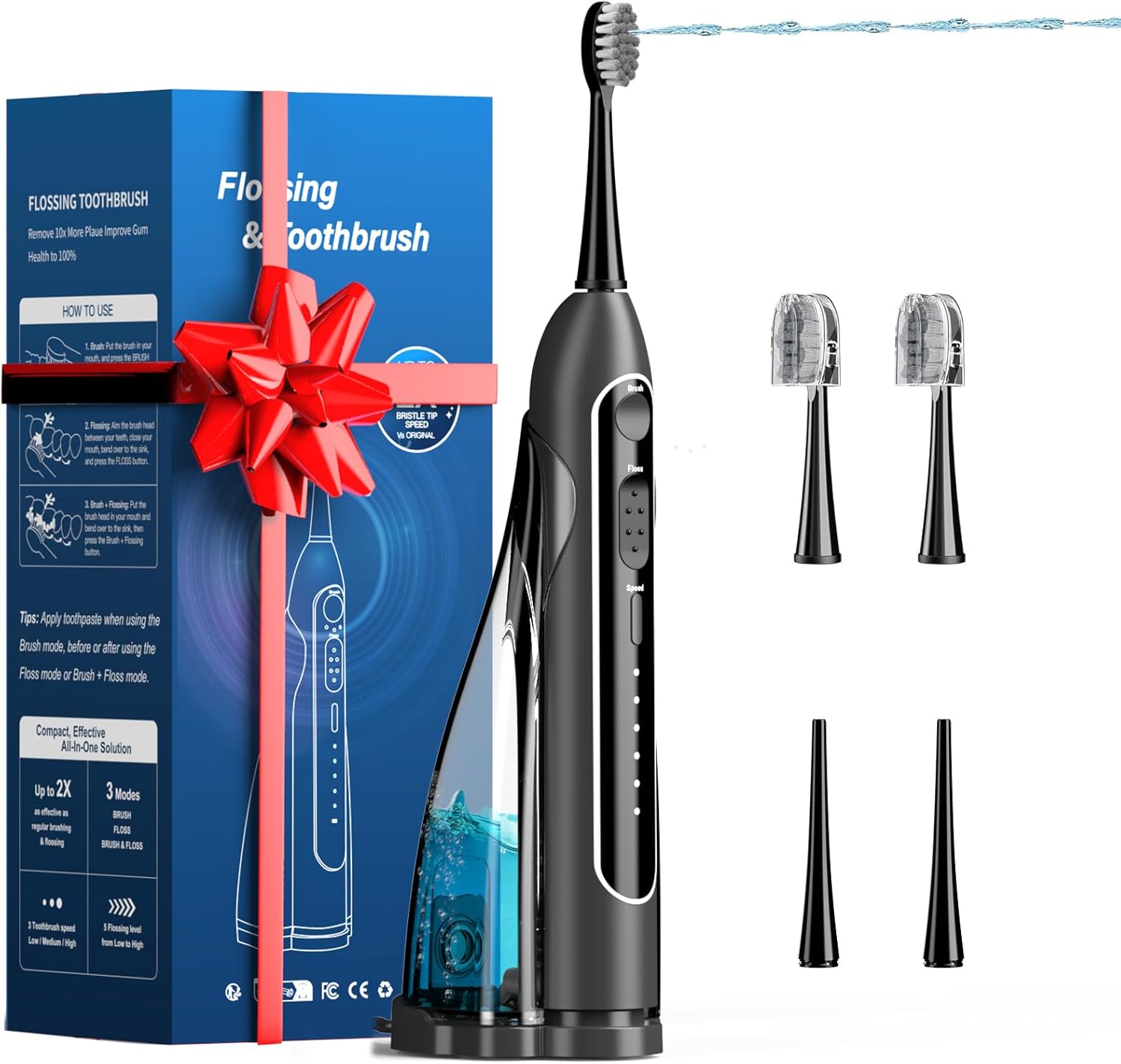 Electric Toothbrush with Water Flosser, 3-in-1 Sonic Modes, 5 Flossing Speeds with 2 Brushes + 2 Nozzles, Portable Flossing Toothbrush Combo for Adults Teeth Cleaning Kit for Travel (Black)