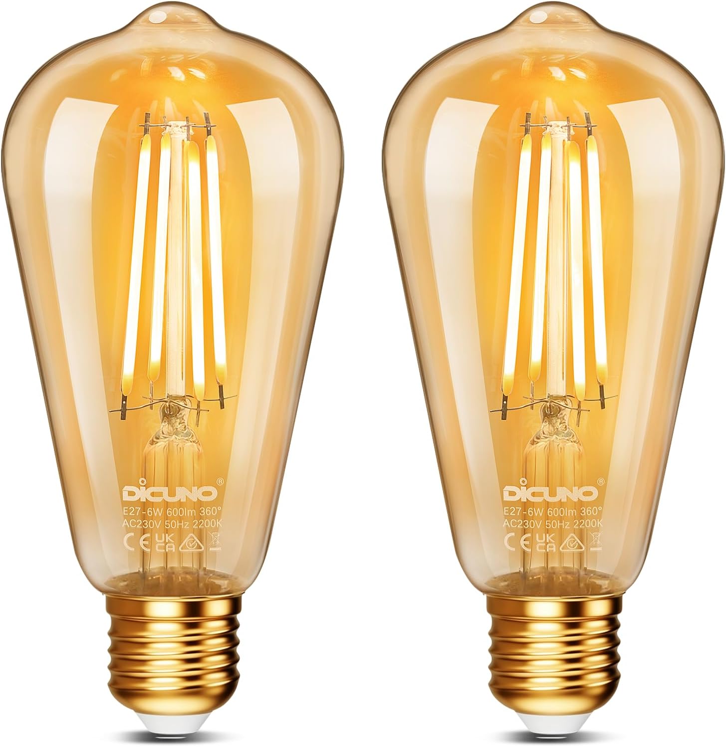 DiCUNO Vintage Light Bulb E27 Edison Screw Bulb, 6W, Warm White 2200K, 2Pcs