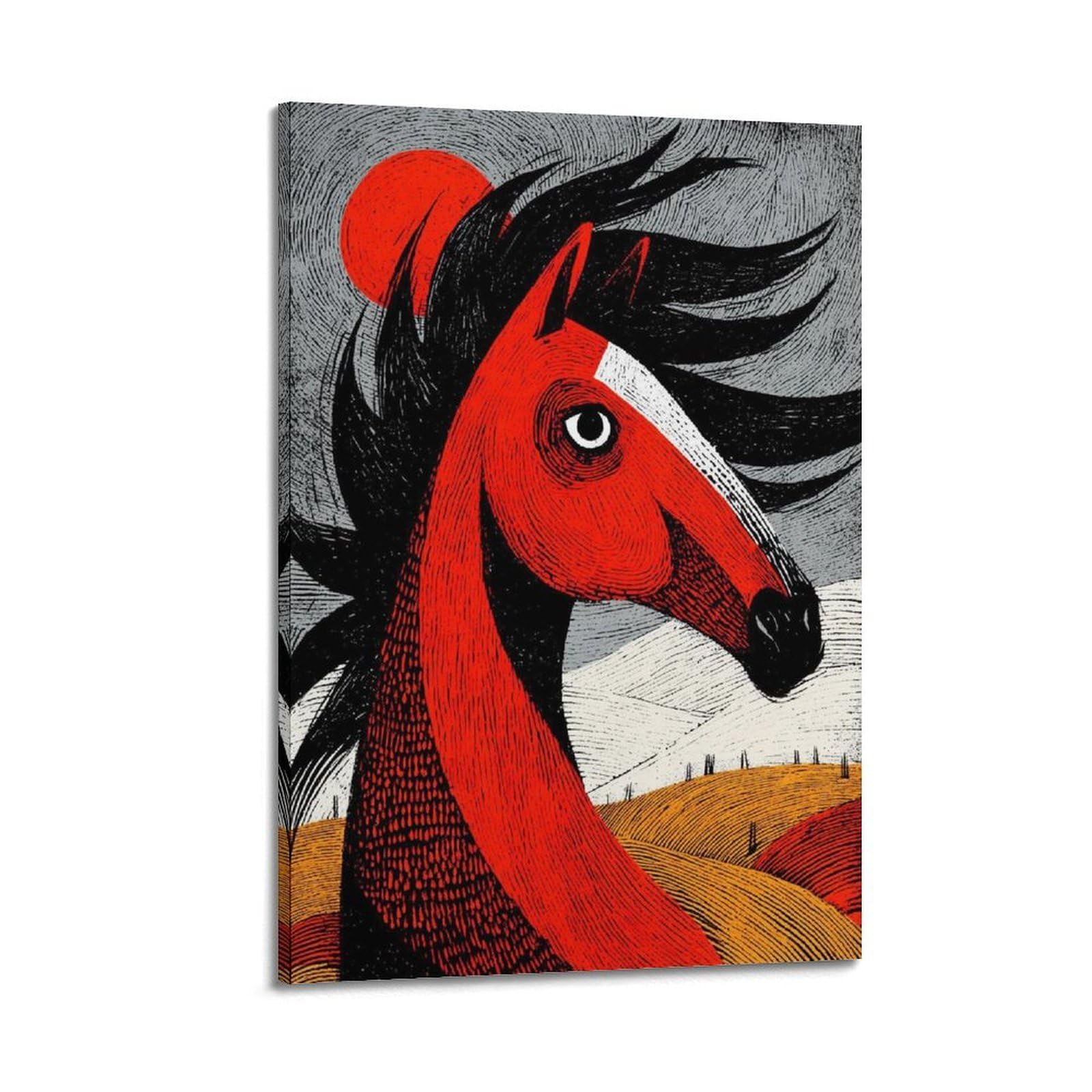 Xkuga Boys Frame-Style Geometric Horse Red Poster Equine Folk Modern Portrait Modern Decorative Canvas Prints - Ideal Wall Art For Family, Man Cave, Game Room, & Girls Bedroom 20X30inch(50X75cm)