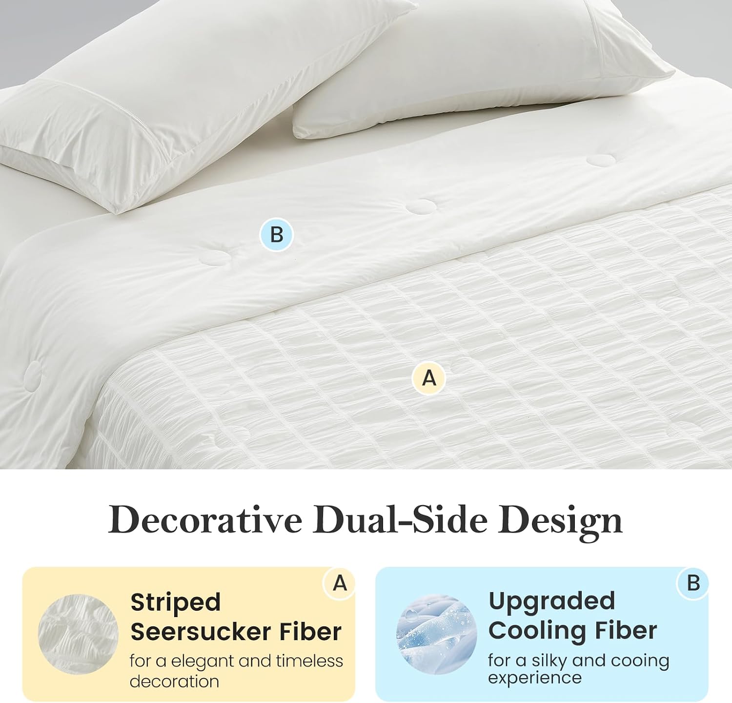 Cozy Bliss Vertical Striped Seersucker Cooling Comforter King Size, Lightweight Airflow Silky Cooling Bedding with Q-Max>0.45 for Bedroom, Home Decor, Hot Sleepers & Night Sweats, White 106"×90" image 3