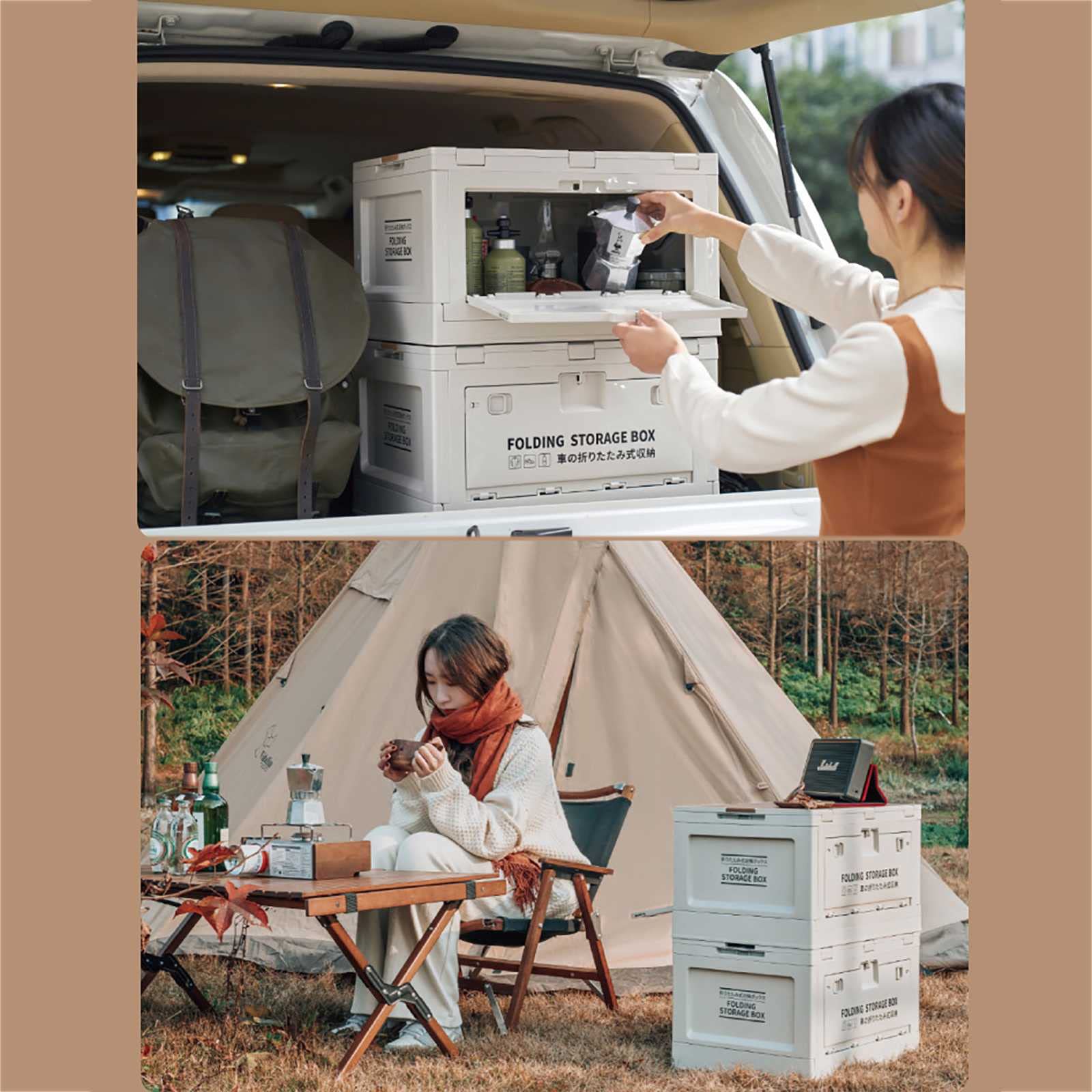Zusammenklappbare Aufbewahrungsbox mit Holzdeckel, 50 l großer zusammenklappbarer Outdoor-Behälter, Camping-Box, Camping-Organizer, Faltbox, für Camping, Autoaufbewahrung, Haussort