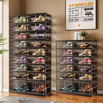9 & 6 Tier Foldable Shoe Racks for Wardrobe Entrance 18-36 Pairs & 12-24 Pairs, Stackable Clear Shoebox With Door Organizer Plastic Shoe Cabinet Storage Box With Lid Shoe Rack Easy to assemble Big Bla