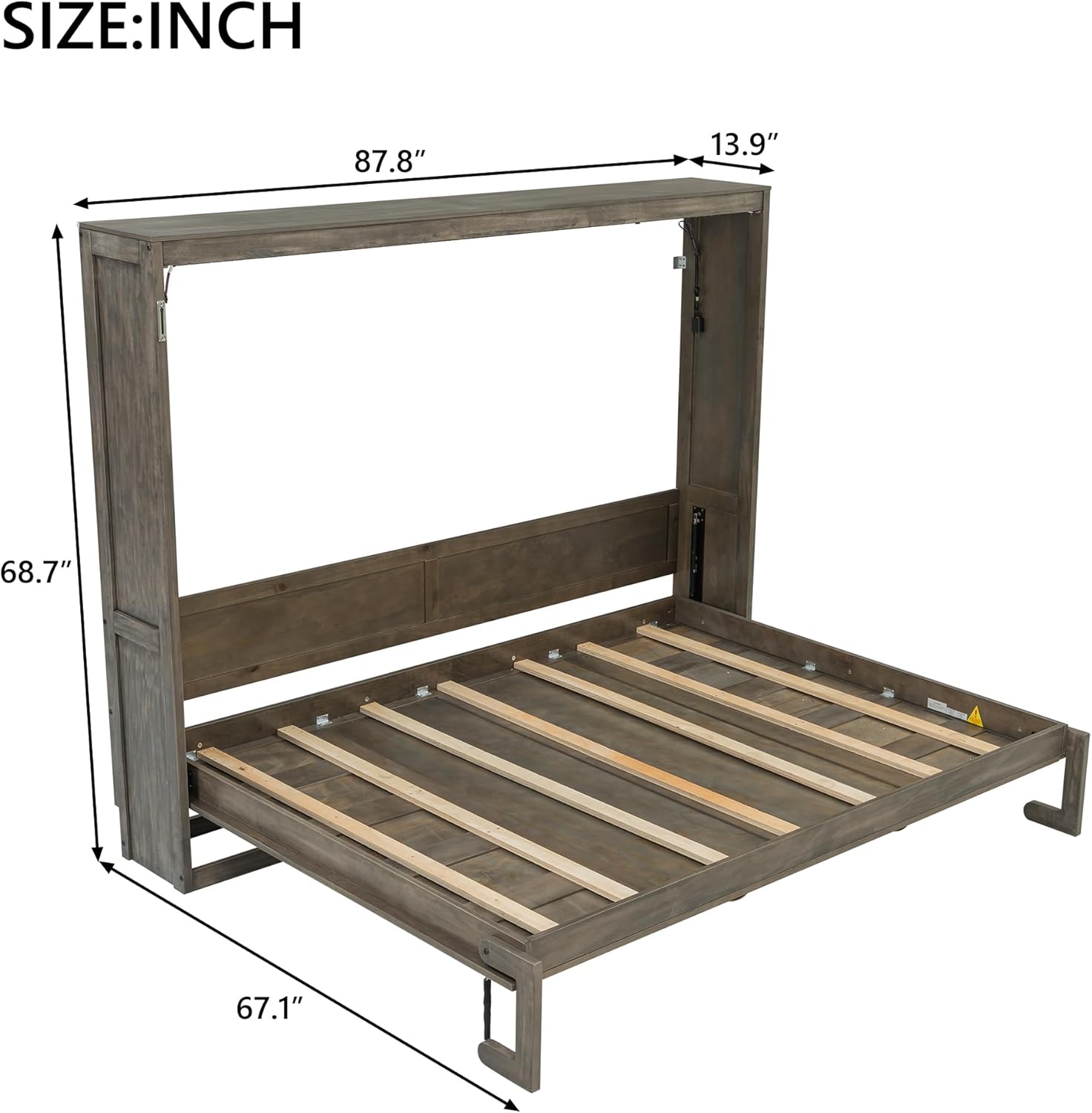 SOFTSEA Queen Size Horizontal Murphy Bed with LED Light, Space-Saving Foldable Wall Beds Cabinet with LED, Wood Hidden Murphy Cabinet Bed, Brown