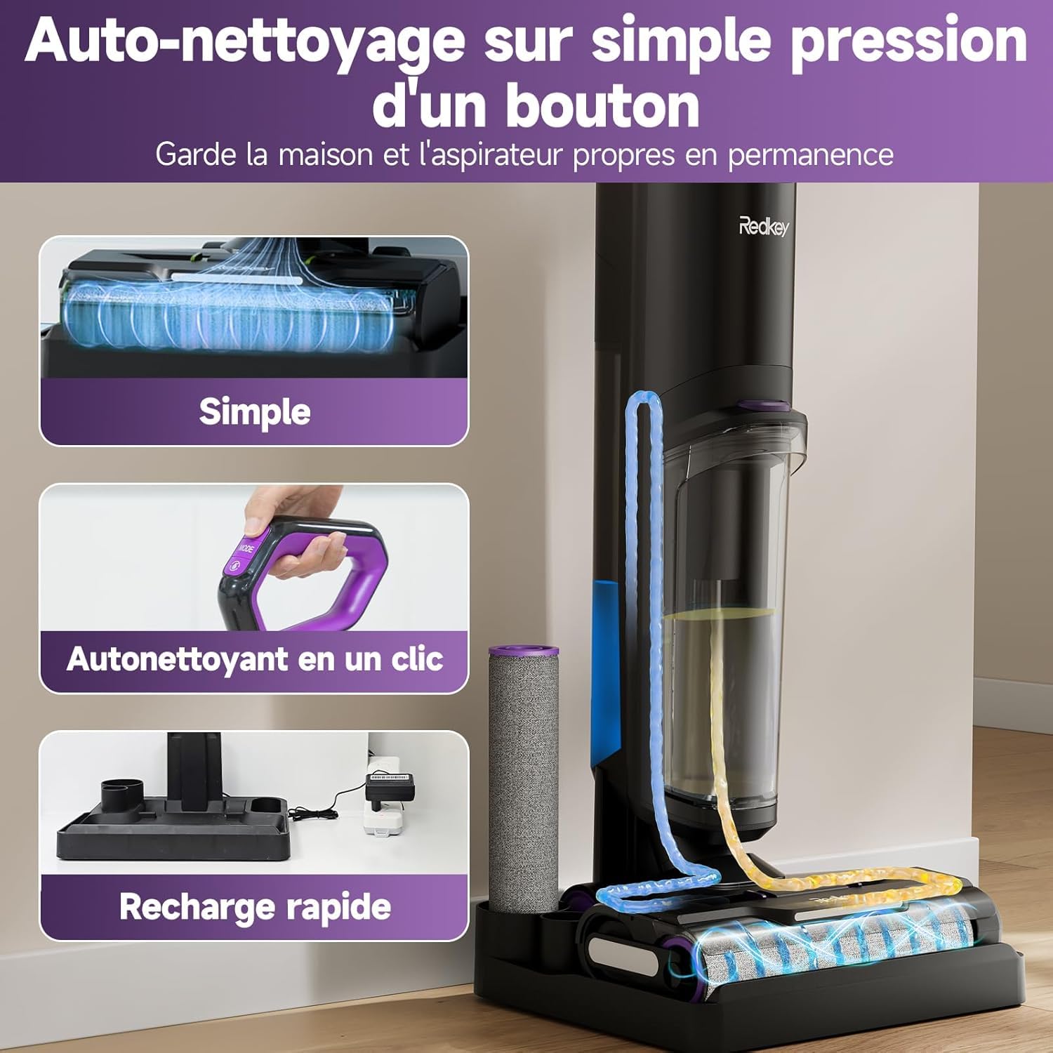 Redkey W15 Aspirateur Balai Laveur sans Fil, 26.000 Pa Balai aspirateur Laveur 3 en 1, Aspiration Puissant Eau et Poussière, 5mm Simple Lamination, Longue Autonomie, LED écran Digital, Auto-Nettoyage