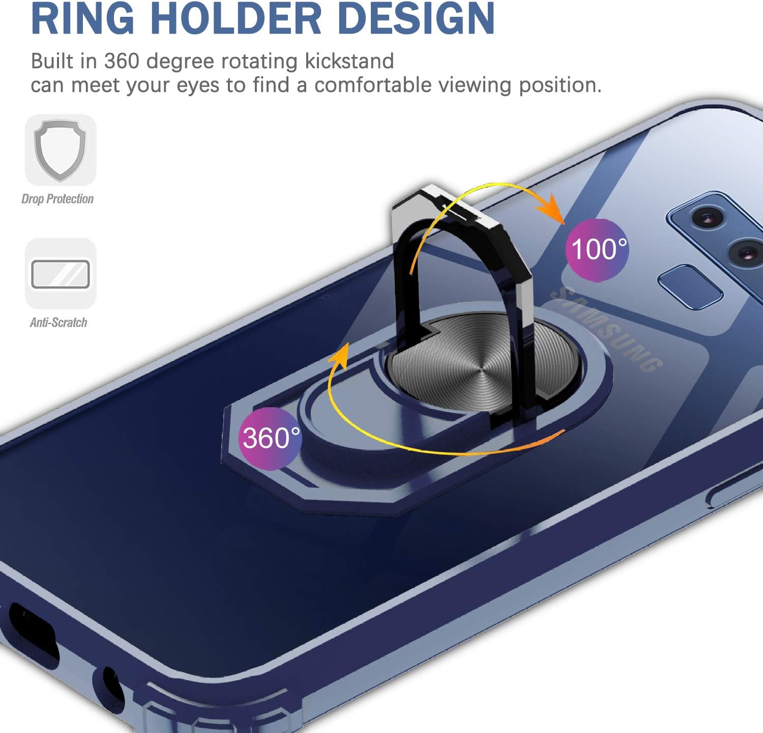 LeYi Samsung Galaxy Note 9 Case with 3D Curved Screen Protector [2 Pack], [Military-Grade] Clear Crystal Protective Phone Cover Case with Magnetic Ring Car Mount Kickstand for Samsung Note 9, Blue