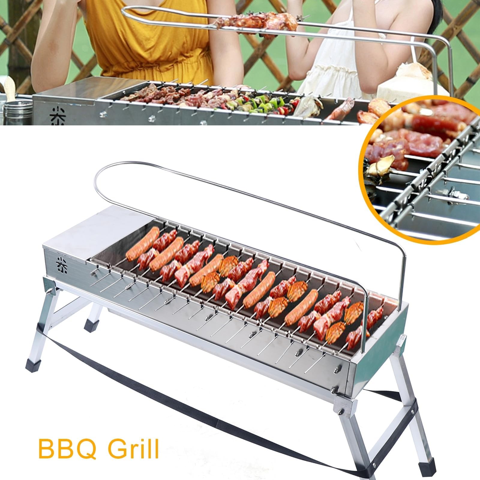 Automatyczny obrotowy grill z dwuwarstwową składaną konstrukcją, przenośnym uchwytem, torbą do przechowywania i akcesoriami do gotowania na świeżym powietrzu