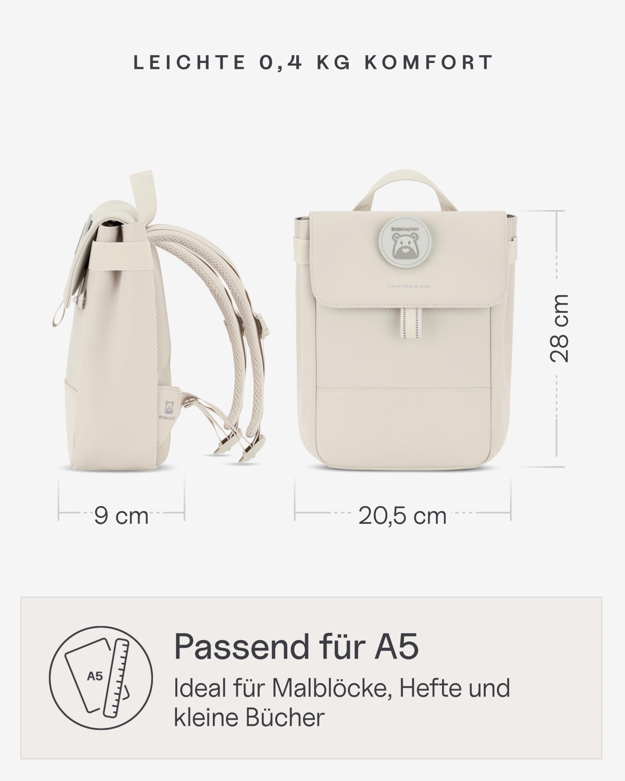 Kapten & Son Rucksack Fyn Kids Sandstone| Kinderrucksack Beige für Kita & Freizeit (4,5 L Volumen; DIN A5) | austauschbare Patches, reflektierende Details, Brustgurt | Jungen & Mädchen (2-5 Jahre)