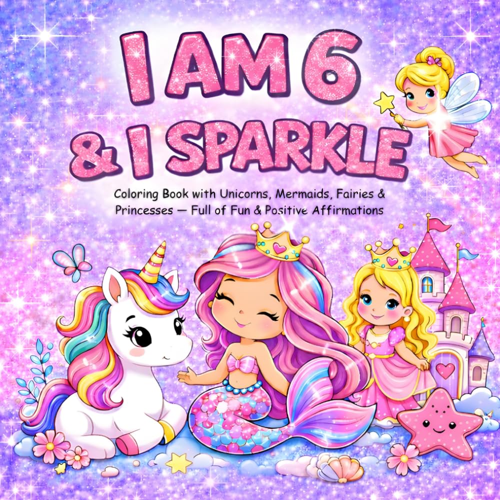 I am 6 and I Sparkle : Coloring Book With Unicorns , Mermaids , Fairies & Princesses Full of Fun & Positive Affirmations: Christmas Valentine Easter Birthday Gifts for Six Year Old Girl