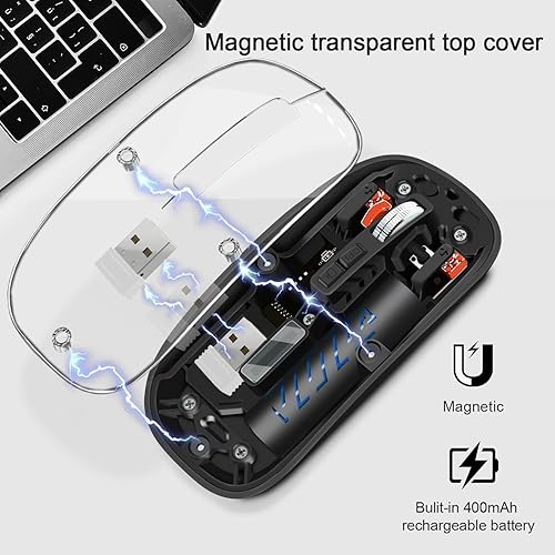 Miniatura 4 de Ratón inalámbrico, mouse de computadora con conectividad de modo dual (2.4G + BT5.2), mouse óptico con carcasa transparente, batería recargable,