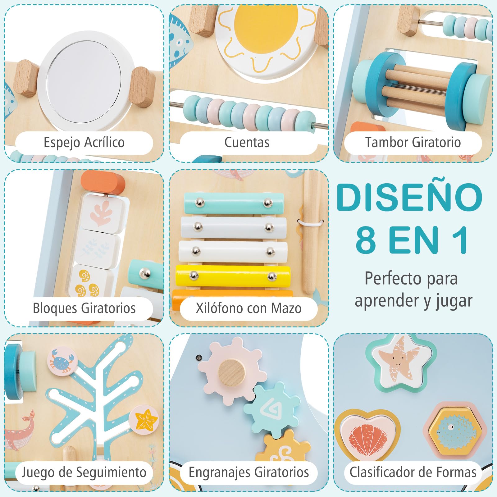 COSTWAY Andador Bebés de Madera 8 en 1, Carrito Correpasillos con juguetes y actividades, Caminador para Bebé Montessori con Ruedas, Tacata Bebe con Accesorios