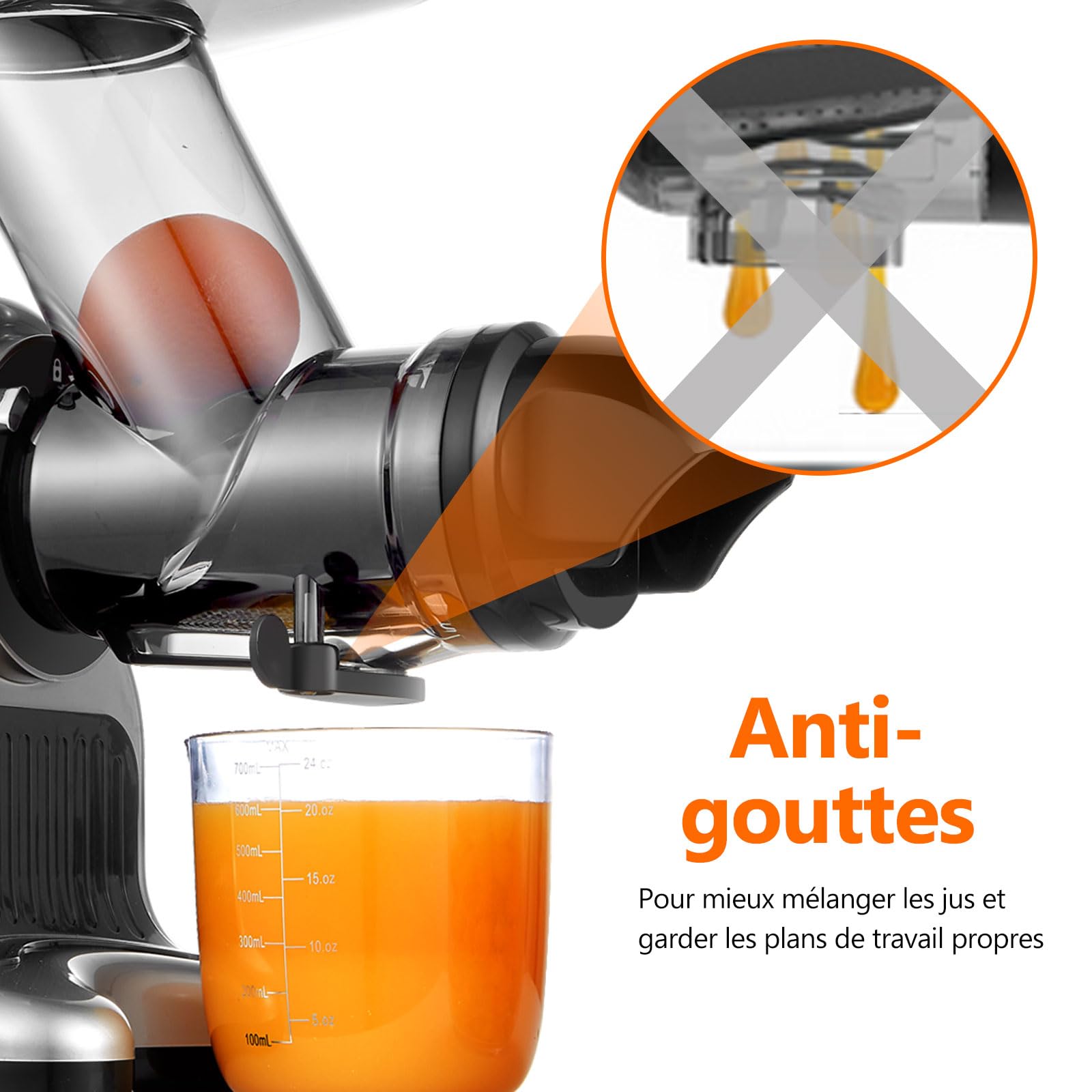 AMZCHEF Extracteur de jus à goulotte large 80 mm 150W mastication lente 2 modes vitesse Reverse Argent
