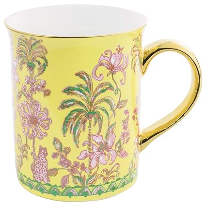 Lilly Pulitzer Initial Ceramic Coffee Mug, 14 Oz Tea Cup, Cute Mug with Gold Handle and Gift Box, (Tropical Oasis)