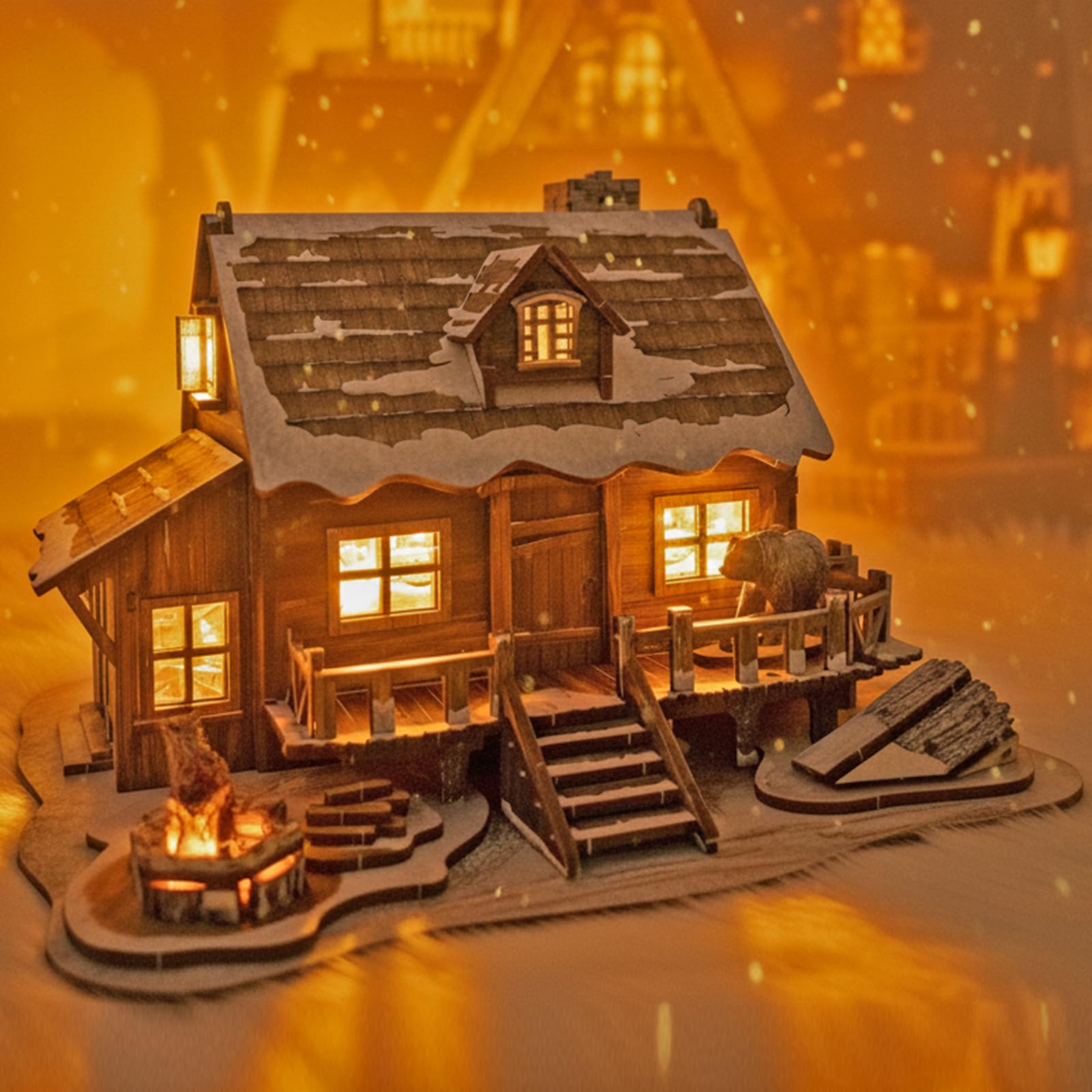 LED 3D Wooden Puzzle Winter Cabin DIY Miniature Building Kit with LED Lights - 3D Craft Rural Wooden Cabin Models Decor Gift for Adult