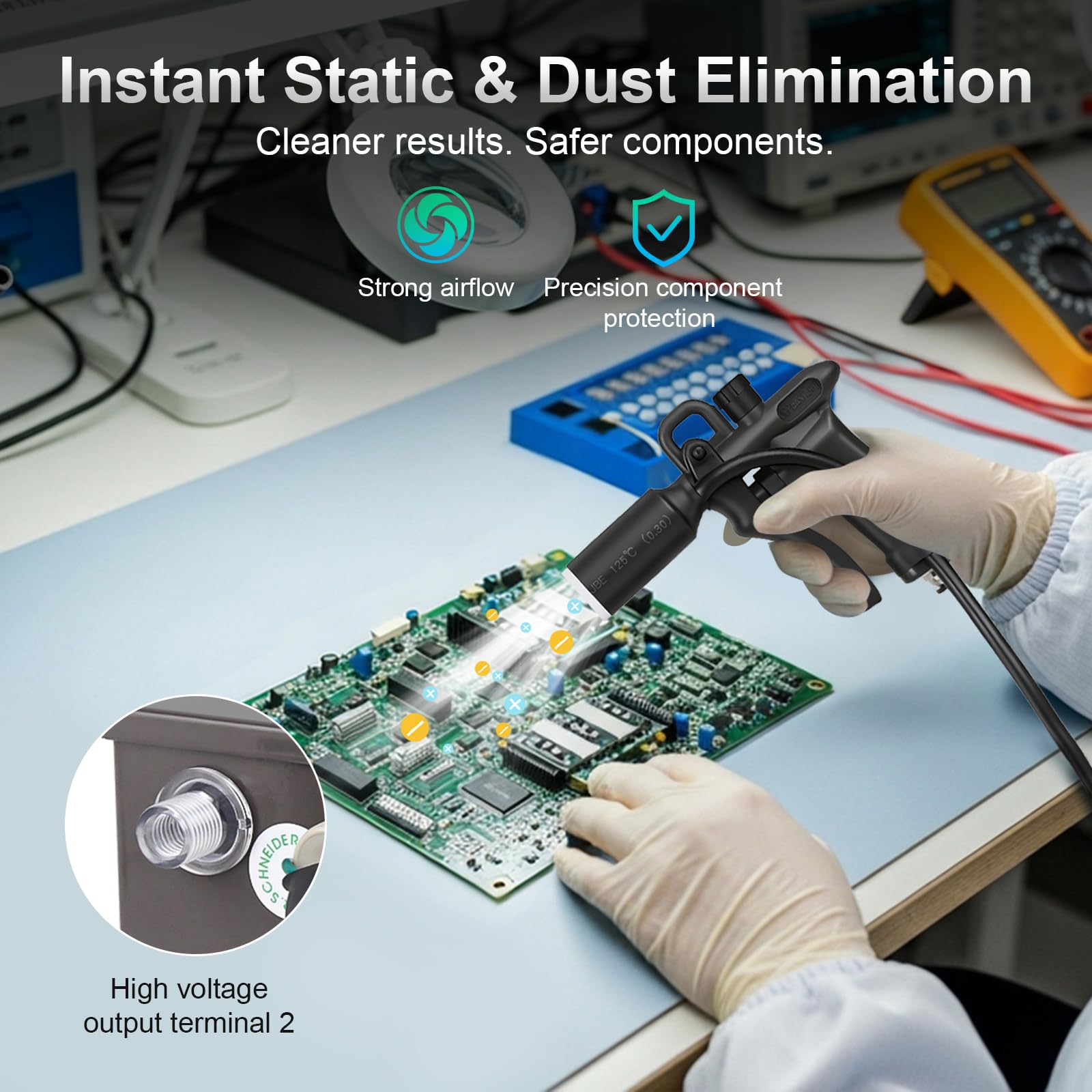 Pistola de aire antiestática, eliminador electrostático con conexión a tierra de seguridad y generador de alto voltaje para eliminación electrostática industrial