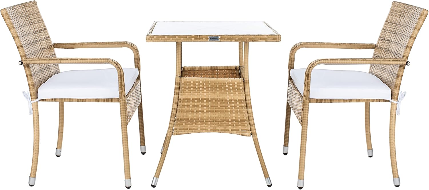 SAFAVIEH Outdoor Collection Laban Natural/White Cushion 3-Piece Bistro Set PAT7718D