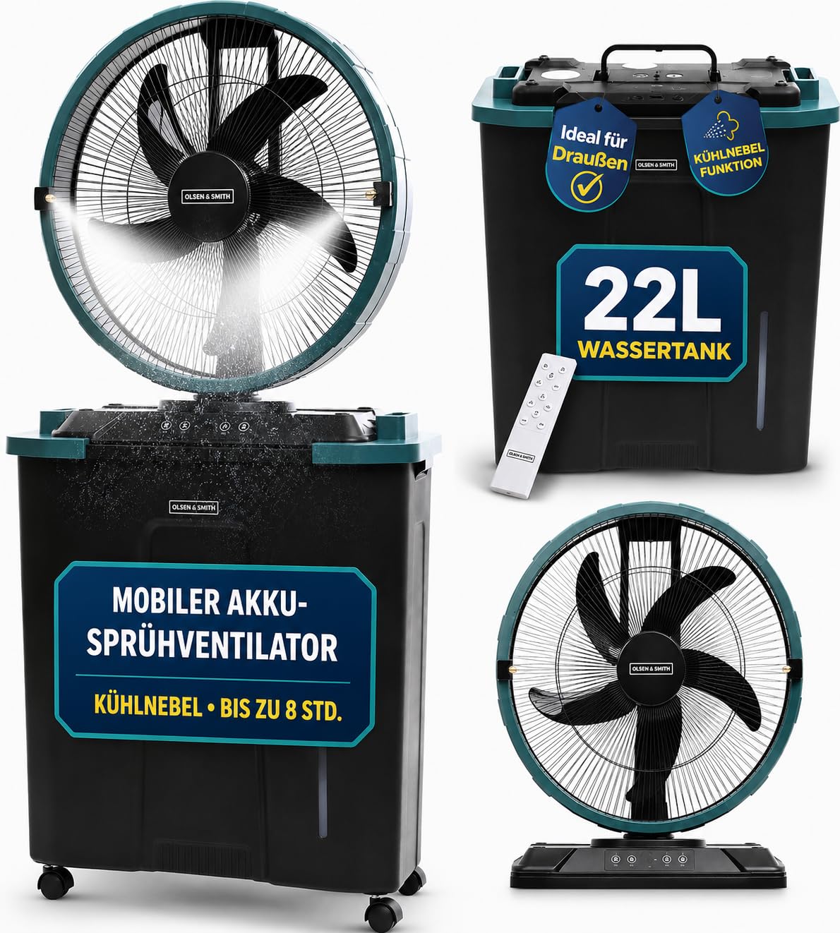 Olsen & Smith Mobil Luftkühler/Sprühventilator mit Wasserkühlung 22L | Luftkühler & Ventilator mit wasserkühlung, Standventilator mit Wassertank 22L, Fernbedienung, Rollen, Garten Terrasse, Balkon