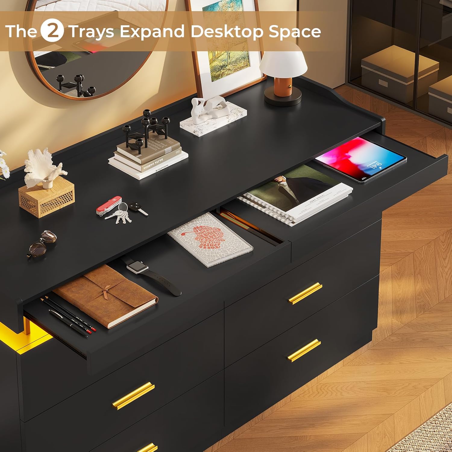 BTHFST LED Dresser with one pull-out tray extended, holding a tablet and other small items