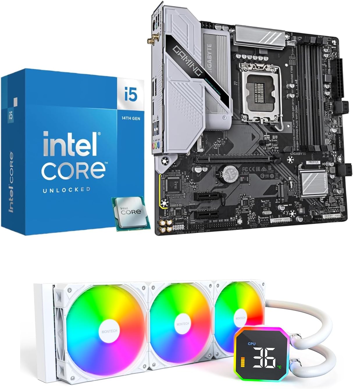 3 in 1 Bundle: Intel Core i5-14600K Desktop CPU Processor + Gigabyte B760M GAM Plus WF D4 Motherboard + Montech Hyperflow Digital 360mm CPU AIO Water Cooling