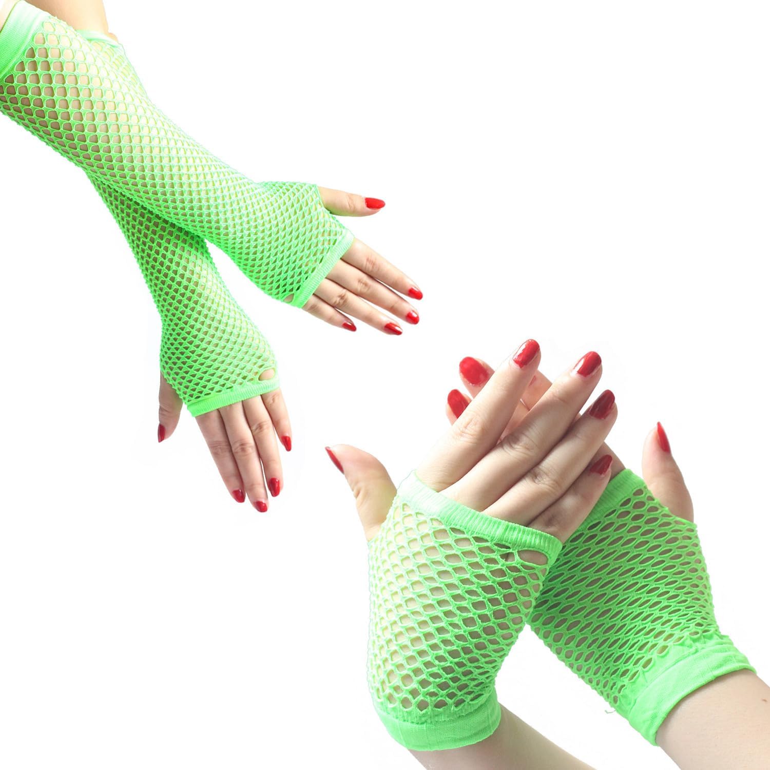 Women's Long Fishnet Mesh Gloves Nylon Lace Fingerless with Finger Loop