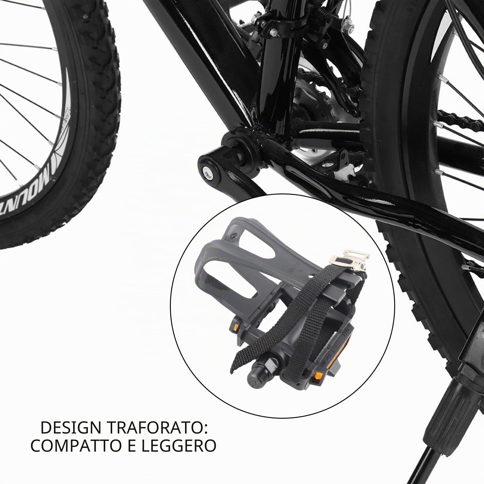 Pedali per bicicletta con clip e cinghie, pedali antiscivolo, per cyclette, bici da corsa, spinning e mountain bike