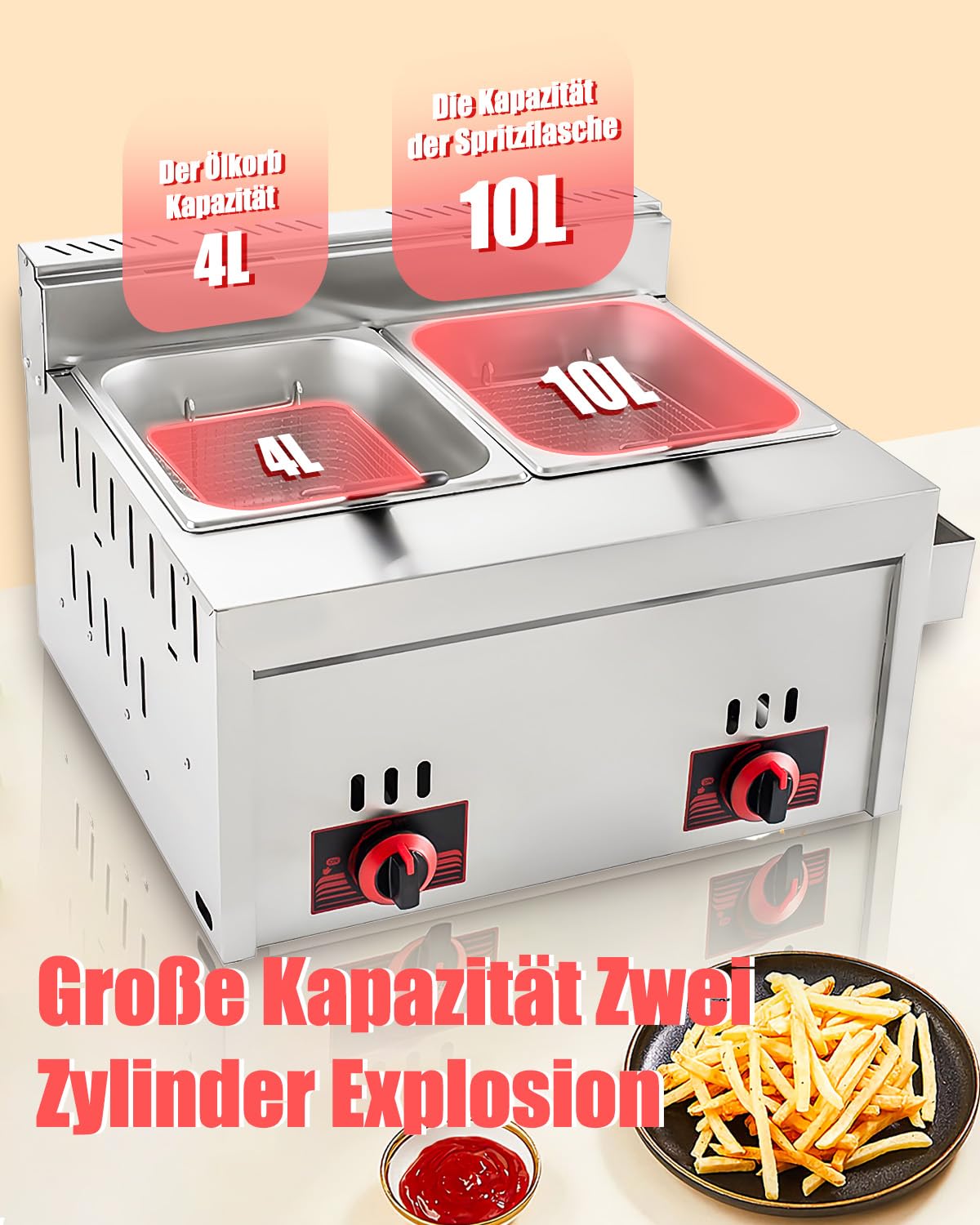 Friggitrice a Gas Professionale 20L Doppia Vasca in Acciaio Inossidabile ad Alta Capacità con Cestello per Patatine - Per Ristoranti, Cucine Domestiche e Chioschi