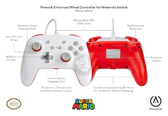PowerA Enhanced Wired Controller for Nintendo Switch - Mario White, Gamepad, game controller, wired controller, officially licensed