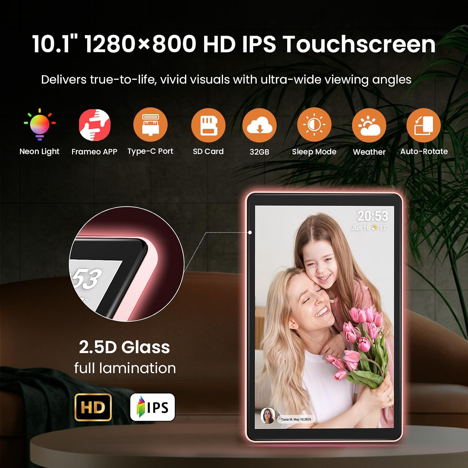 ApoloSign Neon Light Digital Picture Frame, Desk Digital Calendar, Auto-synced Schedule via Frameo App - 10.1" HD Touchscreen | AI Color-Changing LED | Share Photo/Video Instantly | Gift for Parents