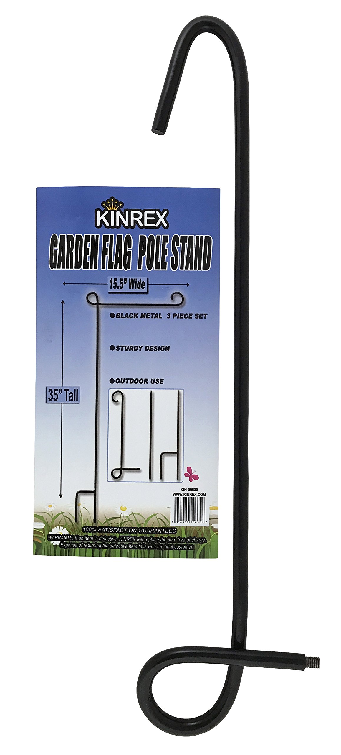 KINREX Stojak na maszt z flagą ogrodową, czarny, metalowy, żelazny, kute słupki, do ogrodu, trawnika, podwórka, 3-częściowy zestaw, 89 cm wysokości x 40 cm szerokości