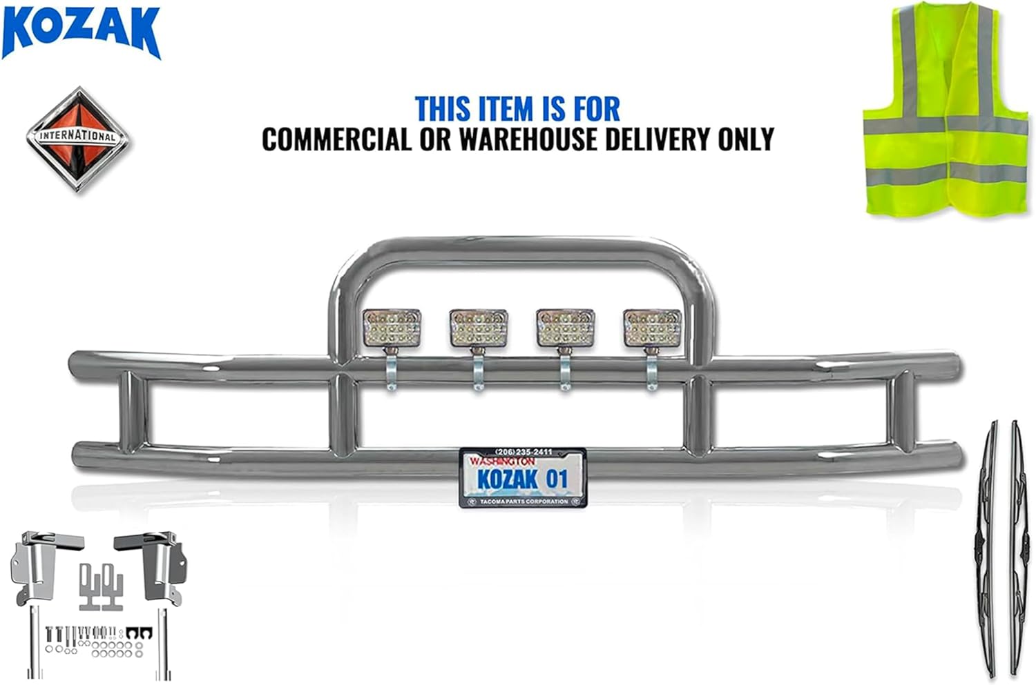 Compatible with International Prostar Front Grille Deer Moose Brush Guard with 4x 6" LED Lights with Mounting Brackets PLUS Logo, License Plate Holder and Frame, 2x 22'' Wipers and Reflective Vest