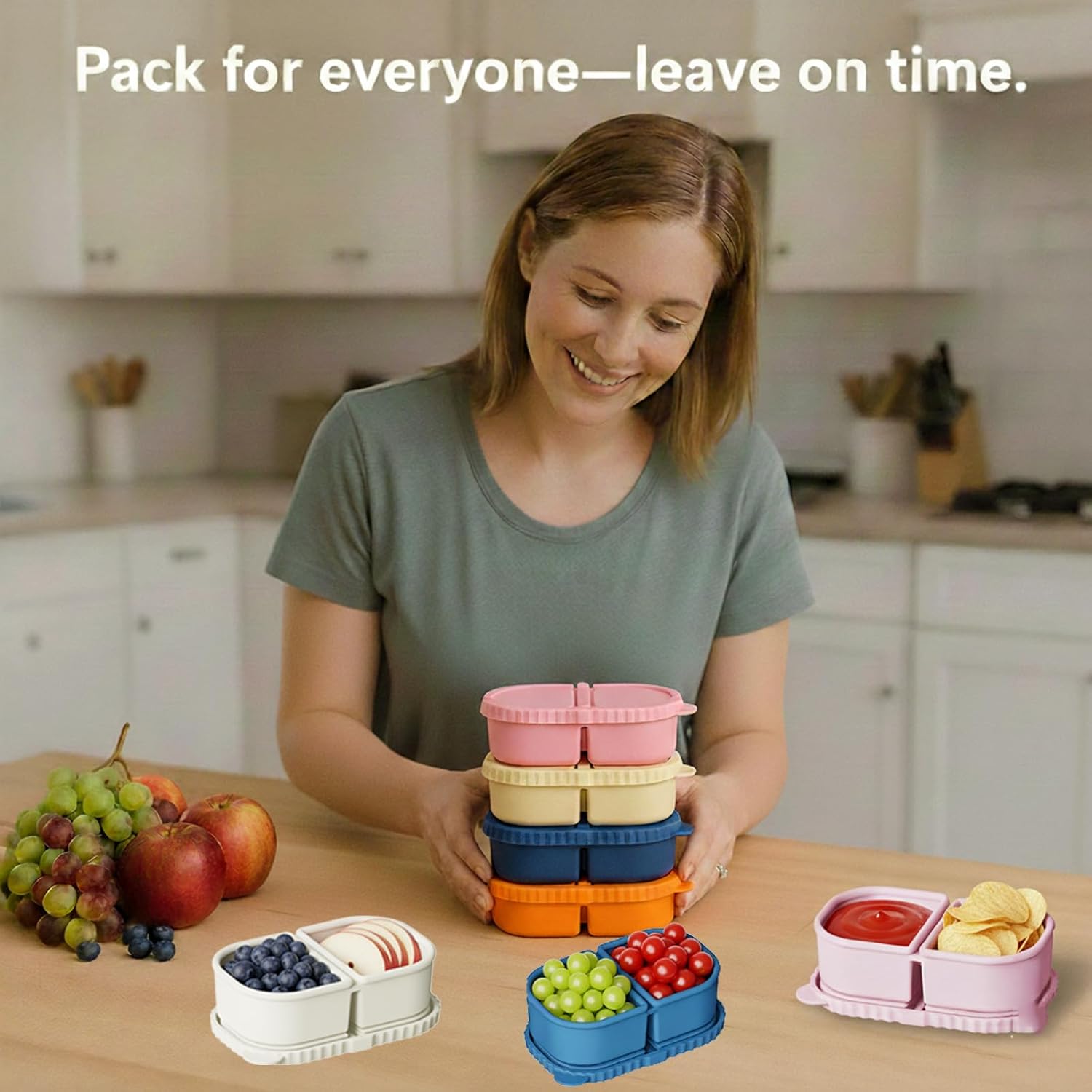 4 Sets Silicone Snack Containers with Lids, Reusable Double Compartment Plastic Container for Sauce Snack,Compact Food Storage for School, Office, Travel,Condiment Container with Lid (4 Colors) - Image 6