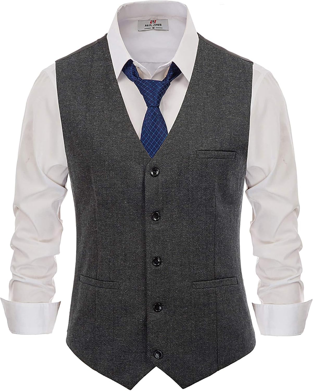 PJ PAUL JONES Men's Western Herringbone Tweed Suit Vest Wool Blend V Neck Slim Fit Waistcoat - Image 2