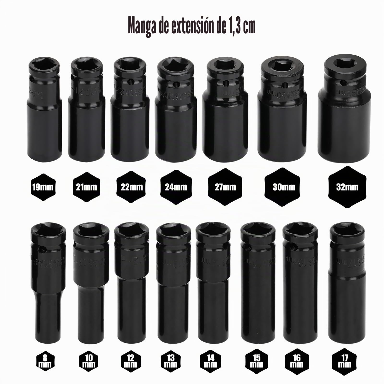 Juego de 15 piezas Llaves de Vaso Impacto 1/2", CR-V Métricos 8-32mm Vasos de Impacto Largos, Juego de Llaves de Vaso Hexagonales, Vasos Impacto Set, para de Coches Cambio Neumáticos