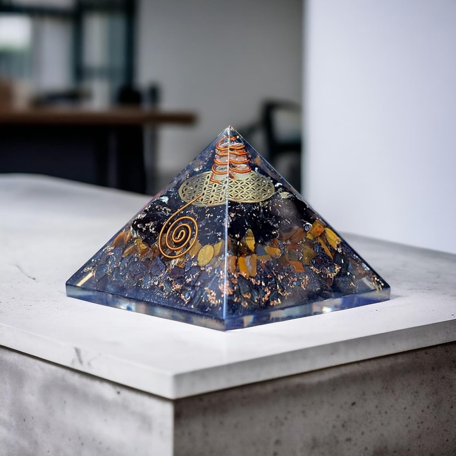Ruhan Crystal Triple Protection Orgone Pyramid | Black Tourmaline, Tiger Eye & Hematite – Flower of Life Pyramid for Energy Shielding, Luck & Prosperity