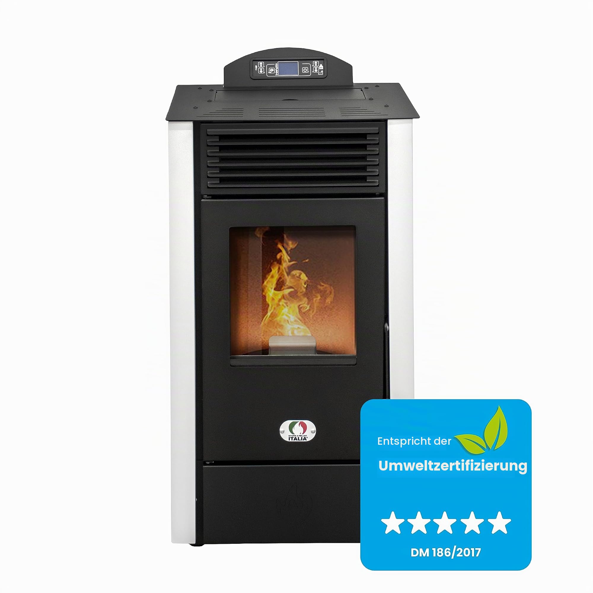 STUFE A PELLET ITALIA California 9 kW 5 Sterne WiFi Pelletöfen Effizienz 92% Heizt 80m² Autonomie 20 Std. Kompaktes Design Weiß