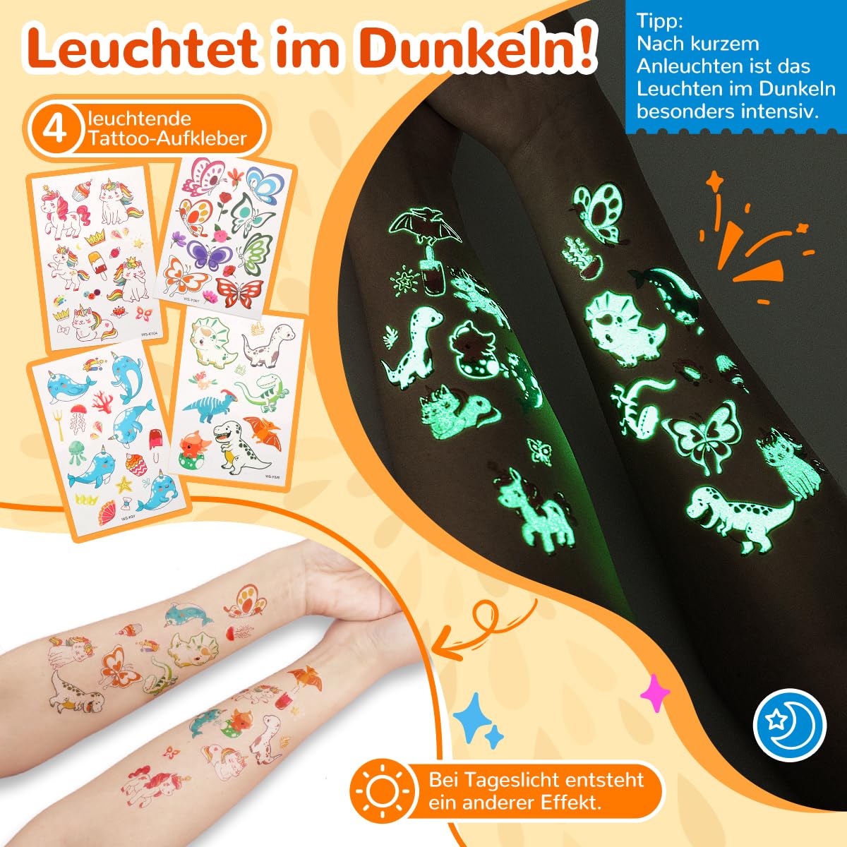 Bledras Glitzer Tattoo Set Kinder – 6 Tattoo Stifte + 31 Glitzerfarben – Komplett-Set mit 178 Schablonen, 5 Pinseln, 3 Klebern,Leucht-tattoos – Make-up Set für Mädchen & Jungen – Geschenk ab 3 Jahren