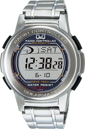 Citizen Q&Q MHS5-200 Mens Solar Wristwatch Silver/Radio Clock, Digital Waterproof Watch Metal Band/Date Alarm, Chronograph, LED Light