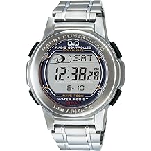 Citizen Q&Q MHS5-200 Mens Wristwatch, Digital, Radio, Solar, Waterproof, Date, Metal Band, Silver