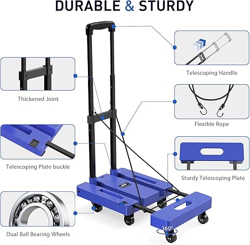 Miniatura 3 de SPACEKEEPER - Carro de mano plegable, carrito de equipaje de 500 libras de capacidad, carrito plegable portátil con 6 ruedas y 2 cuerdas elásticas