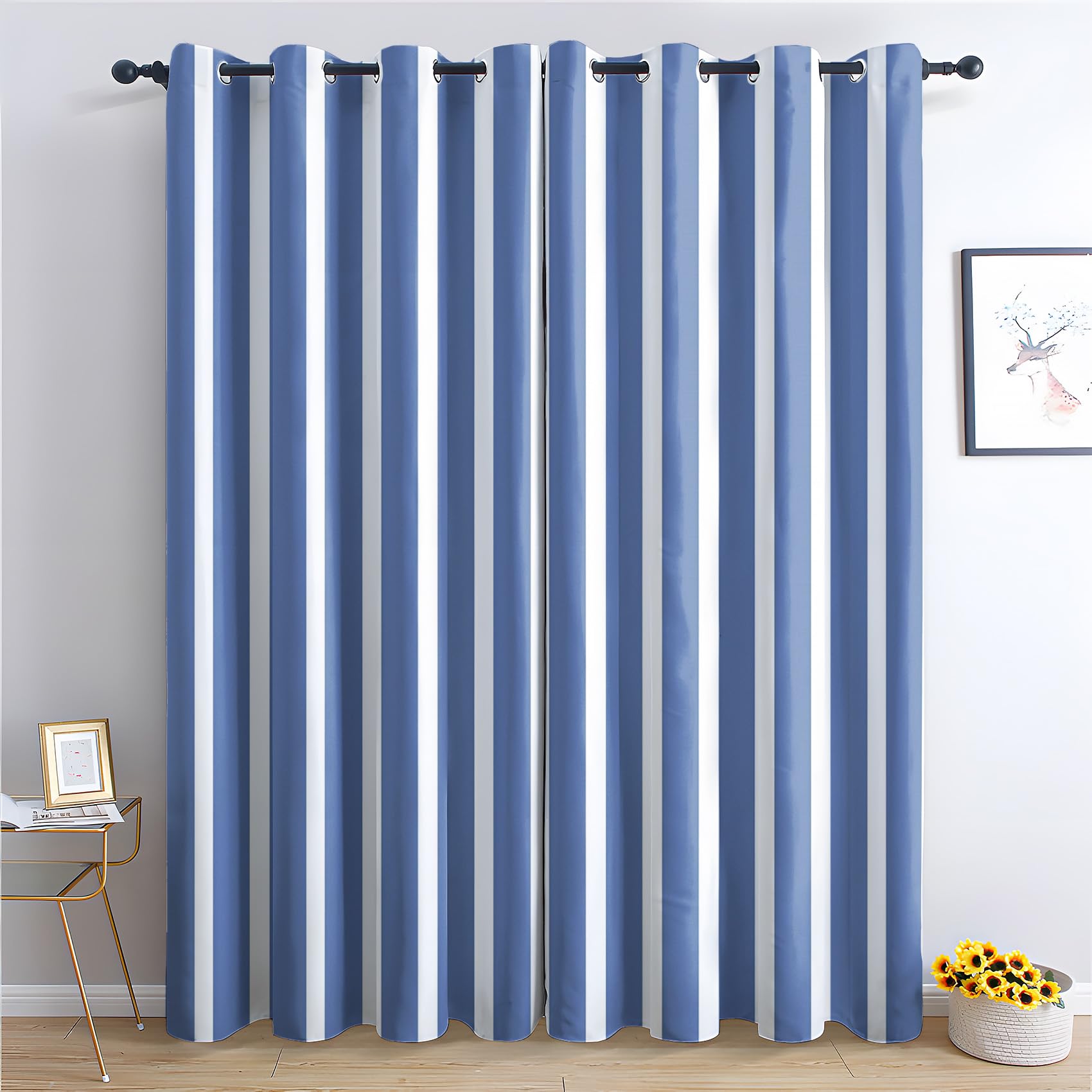 DlaQoryx Striped Curtains for Living Room, Blue White Lines Thermal Insulated Curtain, Bedroom Blackout Curtain Eyelet Window Curtains & Drapes 52 x 63 Inch Drop 2 Panels