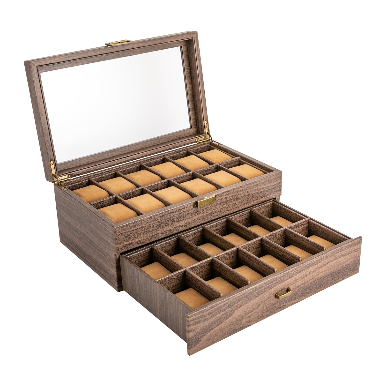 Endingfuny Brown 24-Compartment Watch Box With Glass Lid 2-Tier Watch Display Case With Drawe 24 Slot Watches Case With Pillows Jewellery Box Jewelry Display Holder Display Box For Watches
