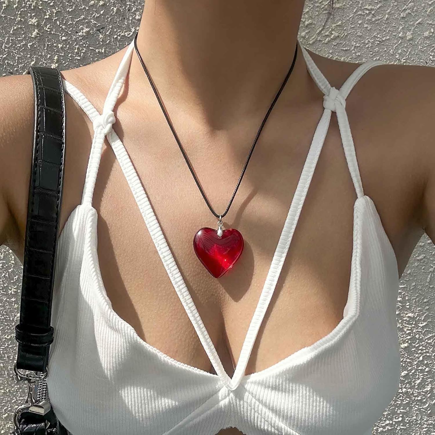 Boho Large Heart Necklace Choker Black Leather Cord Necklace Red Heart Necklace Chain Glass Heart Pendant Necklace for Women - Image 3