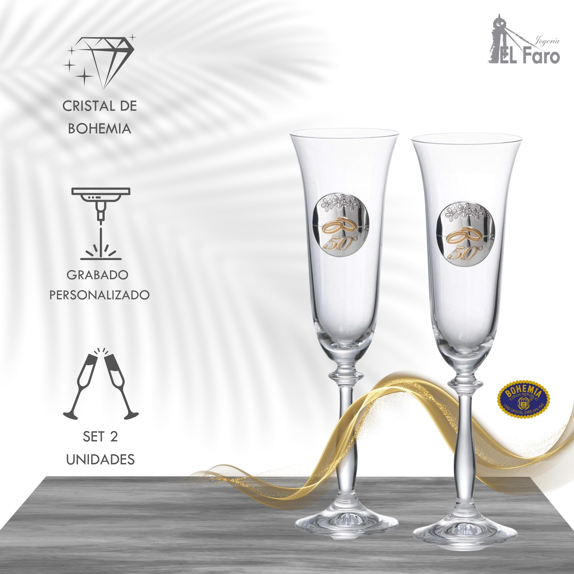 JOYERIA EL FARO Copas Bodas de Oro Personalizadas – Juego de 2 Copas de Champán/Cava Grabadas con Nombres y Fecha – Regalo 50 Aniversario de Casados para Pareja